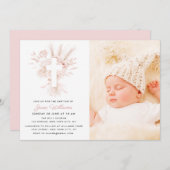Invitation Floraux roses et blancs poussiéreux Photo de baptê (Devant / Derrière)