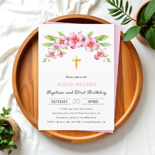 Invitation Floraux roses or croix baptême et premier annivers