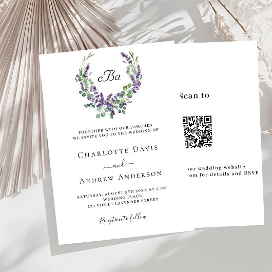 Invitation Floraux violets lavande simples QR RSVP mariage