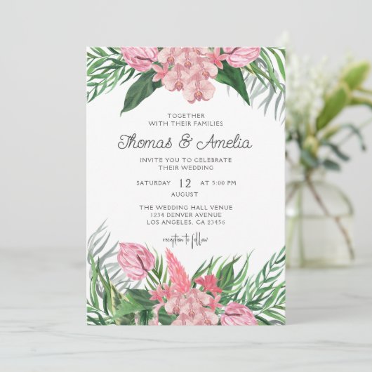 Invitation Flore à feuillage bleu Feuille de palme | Mariage  (Debout devant)