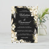 Invitation Flore blanche Mariage tropicale sur noir (Debout devant)