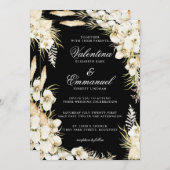 Invitation Flore blanche Mariage tropicale sur noir (Devant / Derrière)