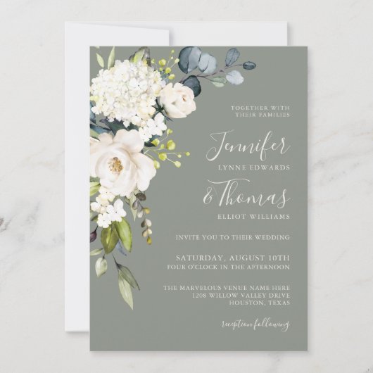 Invitation Flore blanche sur Sage Green Mariage élégant (Devant)