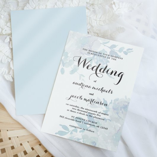 Invitation Flore bleu chic avec Mariage de calligraphie
