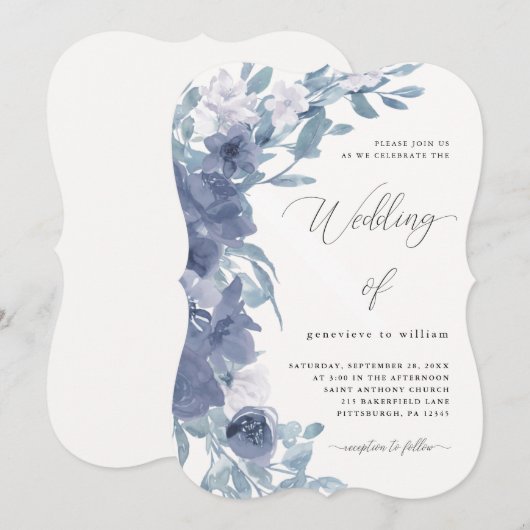 Invitation Flore bleu chic Dusty avec Mariage de calligraphie (Devant / Derrière)