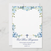 Invitation Flore bleu Dusty élégant avec Baptême photo (Dos)