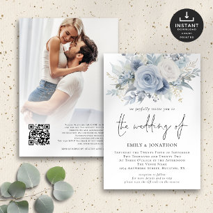 Invitation Flore bleu Dusty Photo QR Code Mariage