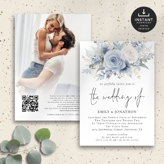 Invitation Flore bleu Dusty Photo QR Code Mariage