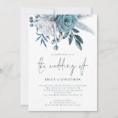Invitation Flore bleu Dusty Photo QR Code Mariage (Devant)