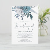 Invitation Flore bleu Dusty Photo QR Code Mariage (Debout devant)