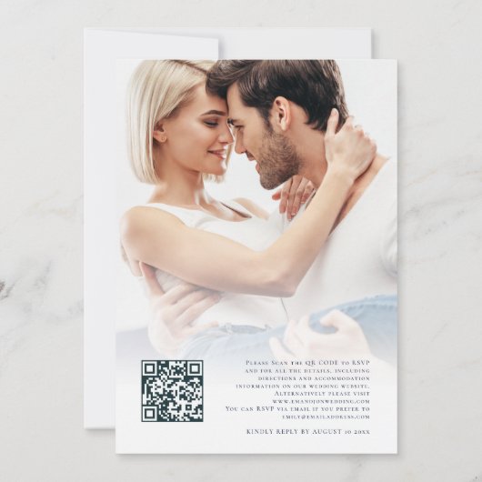 Invitation Flore bleu Dusty Photo QR Code Mariage (Dos)