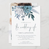 Invitation Flore bleu Dusty Photo QR Code Mariage (Devant / Derrière)