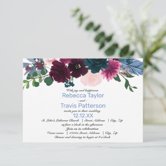 Invitation Flore Bleu - Mariage 3x5/Invitation de réception (Debout devant)
