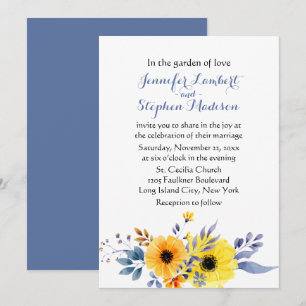 Invitation Flore bleu Mariage Aquarelle Fleurs jaunes