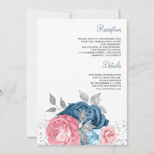 Invitation Flore bleu rose pâle tout en un seul Mariage (Dos)