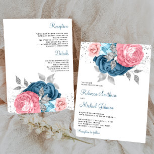 Invitation Flore bleu rose pâle tout en un seul Mariage