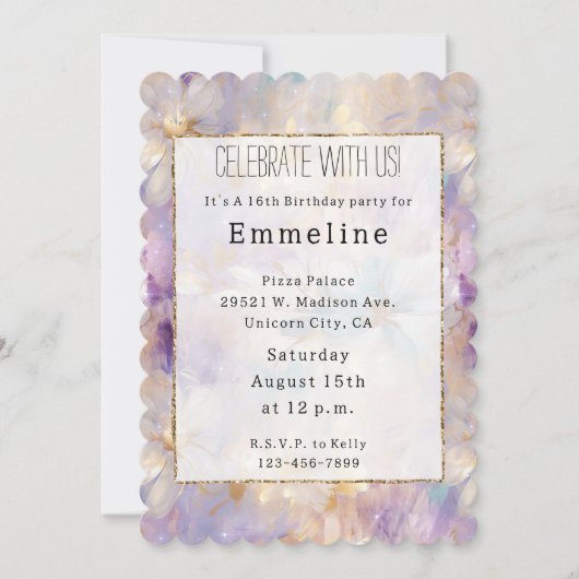 Invitation Flore bleu violet d'or blanc (Devant)