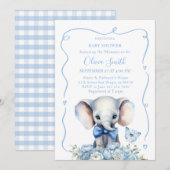 Invitation Flore Bleue Avec Baby shower Éléphant Papillon (Devant / Derrière)