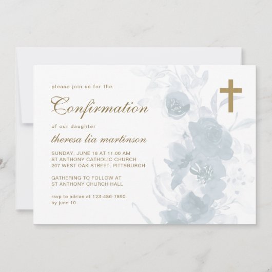 Invitation Flore Bleue délicate avec confirmation croisée (Devant)