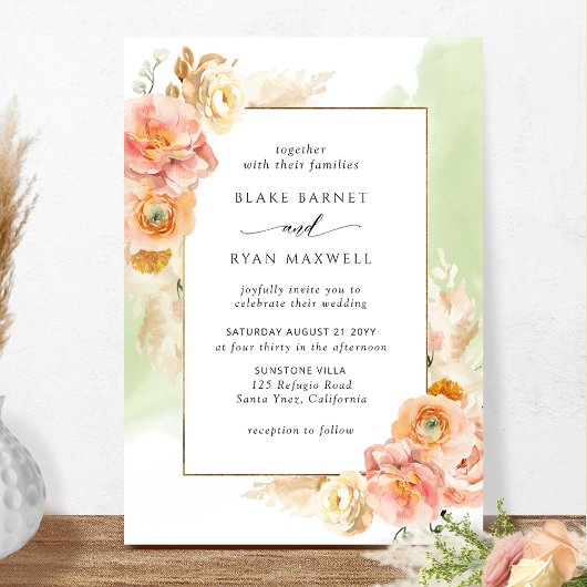 Invitation Flore brune, Aquarelle verte Chic Mariage