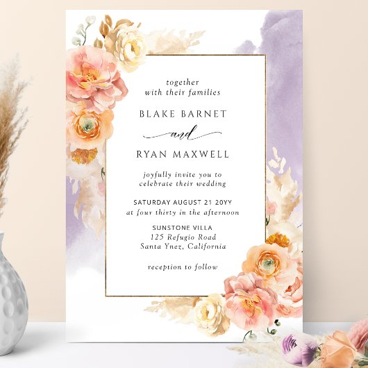 Invitation Flore brune, Aquarelle violette Mariage chic