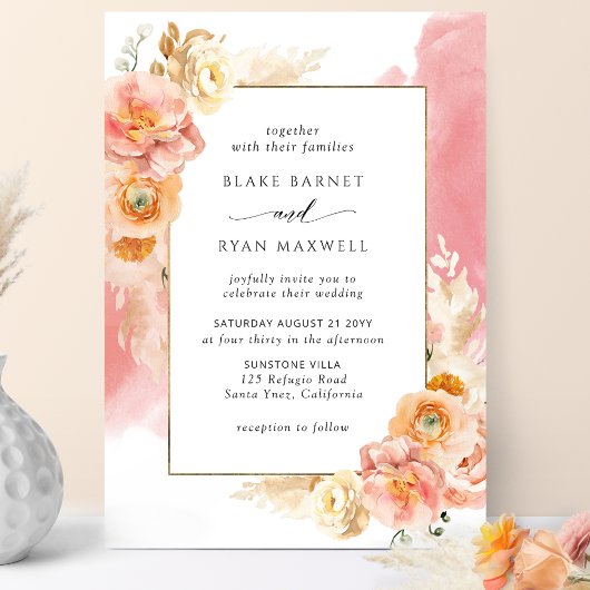 Invitation Flore brune, Mariage chic d'aquarelle de corail