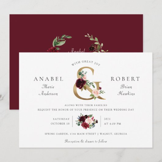 Invitation Flore Burgundy Blush Gold Ampersand Typographie (Devant / Derrière)
