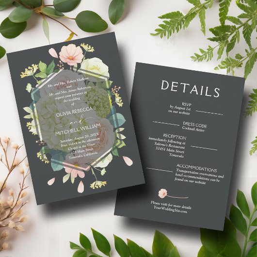 Invitation Flore chic Mariage foncé tout en un