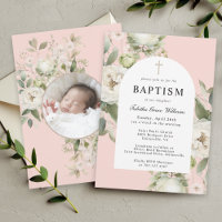 Flore d'aquarelle blanche avec Baptême photo bébé