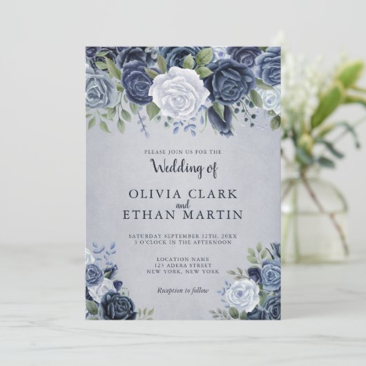 Invitation Flore d'aquarelle bleue poussiéreuse (Debout devant)