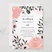 Invitation Flore d'aquarelle noire et rose pâle| Mariage (Devant)