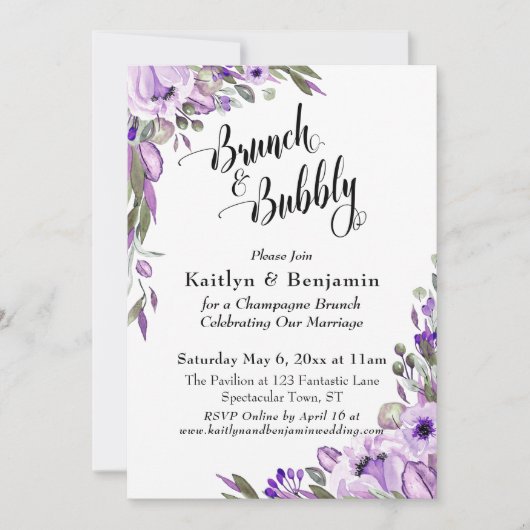 Invitation Flore d'aquarelle violette Brunch & Bubbly (Devant)