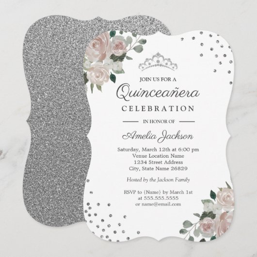 Invitation Flore d'argent clair Confetti Quinceanera Invitati (Devant / Derrière)