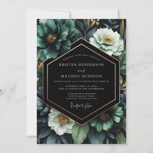 Invitation Flore de mariage nocturne émeraude (Devant)