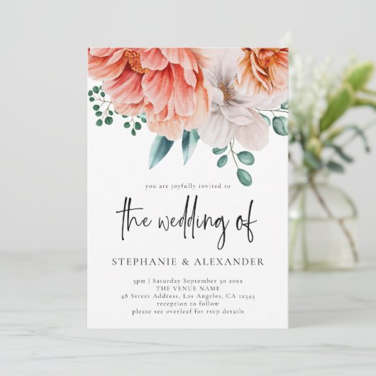 Invitation Flore de pêche moderne Script QR Code Mariage (Debout devant)