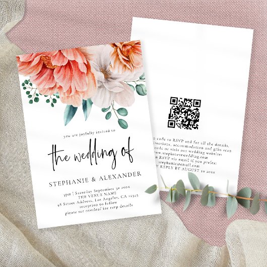 Invitation Flore de pêche moderne Script QR Code Mariage