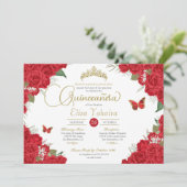 Invitation Flore de rose rouge et papillons Quinceanera (Debout devant)