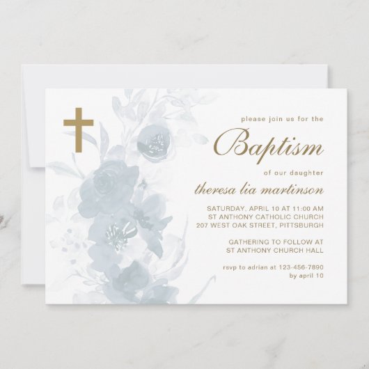 Invitation Flore délicate avec Baptême croisé (Devant)