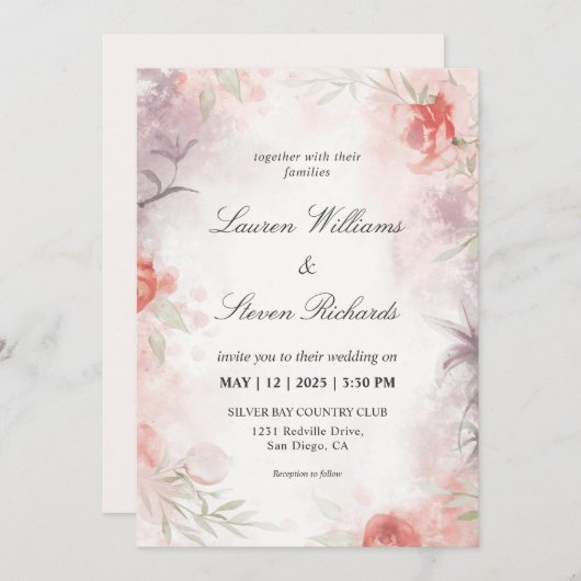 Invitation Flore délicate blanche et violet rose doux personn (Devant / Derrière)