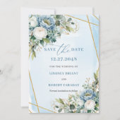 Invitation Flore d'or blanc blanc bleu rustique moderne (Devant)