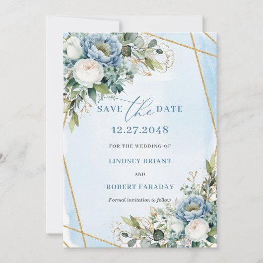 Invitation Flore d'or blanc blanc bleu rustique moderne (Devant)