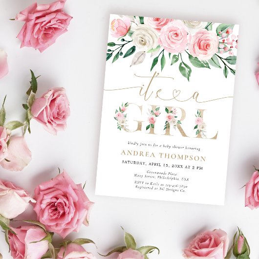 Invitation Flore d'or rose vif C'est un Baby shower de fille