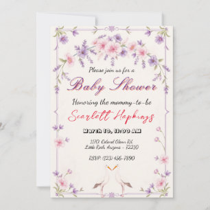 Invitation Flore élégant avec Baby shower de cigogne