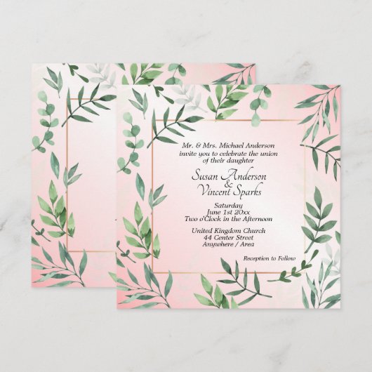 Invitation Flore et faune élégantes Touche de Mariage rose (Devant / Derrière)