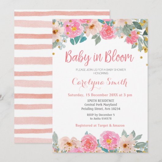 Invitation Flore et verdure Bébé en fleurs (Devant / Derrière)