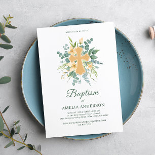 Invitation Flore Eucaliptus Gold Cross Baptism Élégant