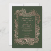 Invitation Flore faux rose or cadre chasseur mariage vert (Devant)