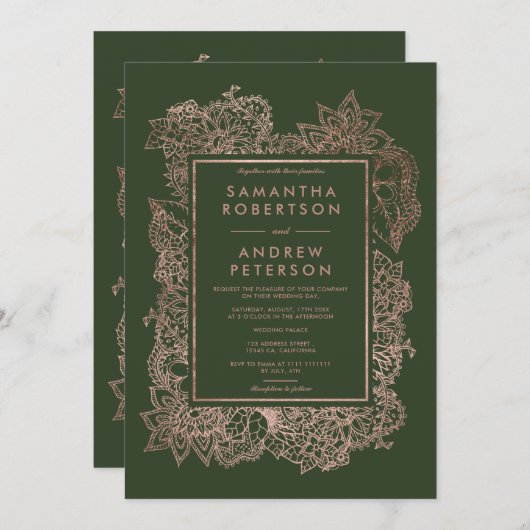 Invitation Flore faux rose or cadre chasseur mariage vert (Devant / Derrière)
