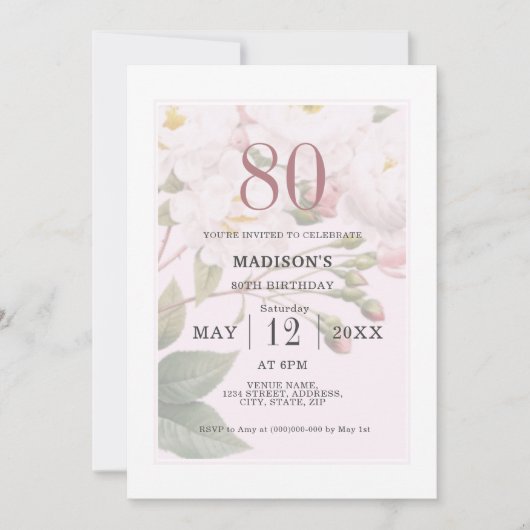Invitation Flore floue | 80e anniversaire (Devant)