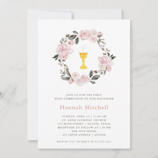 Invitation Flore floue et calice| Première sainte communion (Devant)